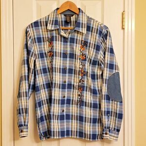 T & Company Long Sleeve Button Up Plaid Blue Lurex Womens Shirt Small Embroider